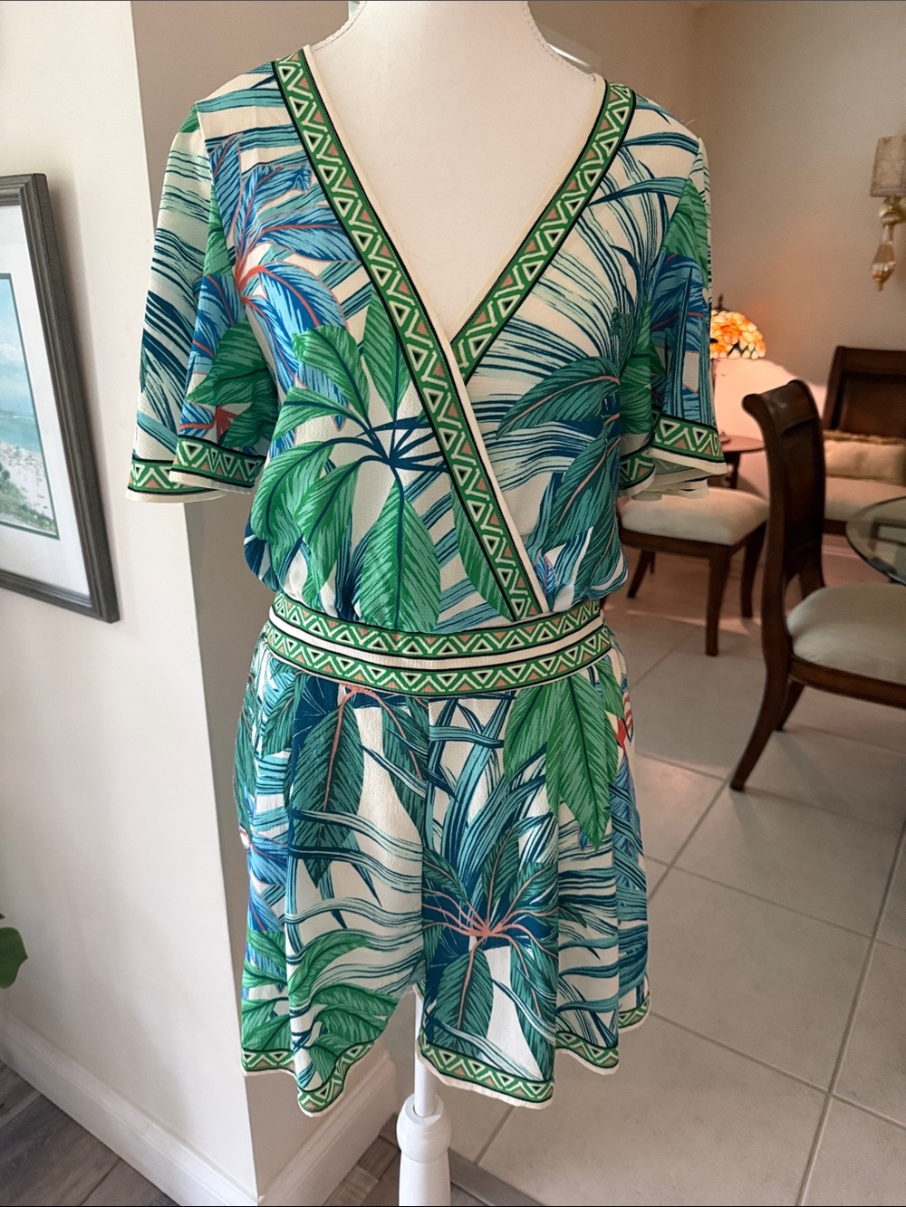 Tropical Leaf Print Romper- Green & Blue